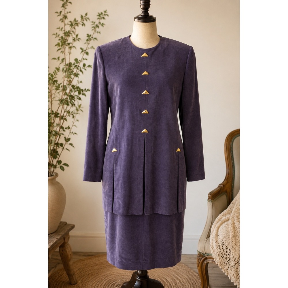 Vintage Joseph Ribkoff Purple Velour Dress Gold Detail Made in Canada 80s Size 8